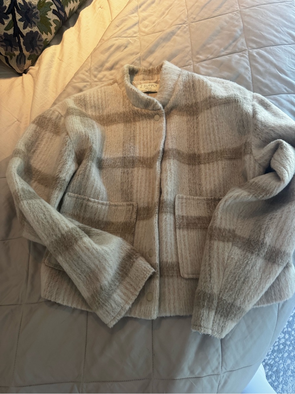 Z Supply Striped Cozy Plaid Jacket in Light Gray and Taupe